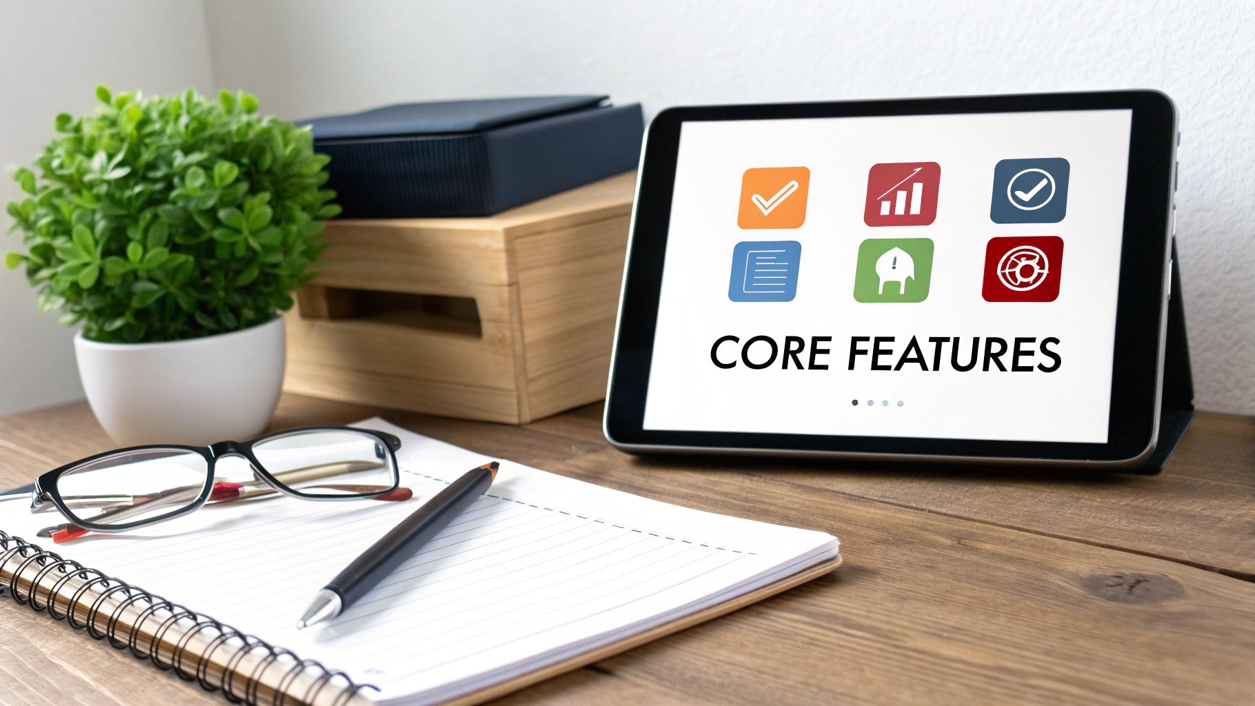 A tablet displaying "CORE FEATURES" with colorful icons on a wooden desk with a notebook, pen, glasses, and a plant.