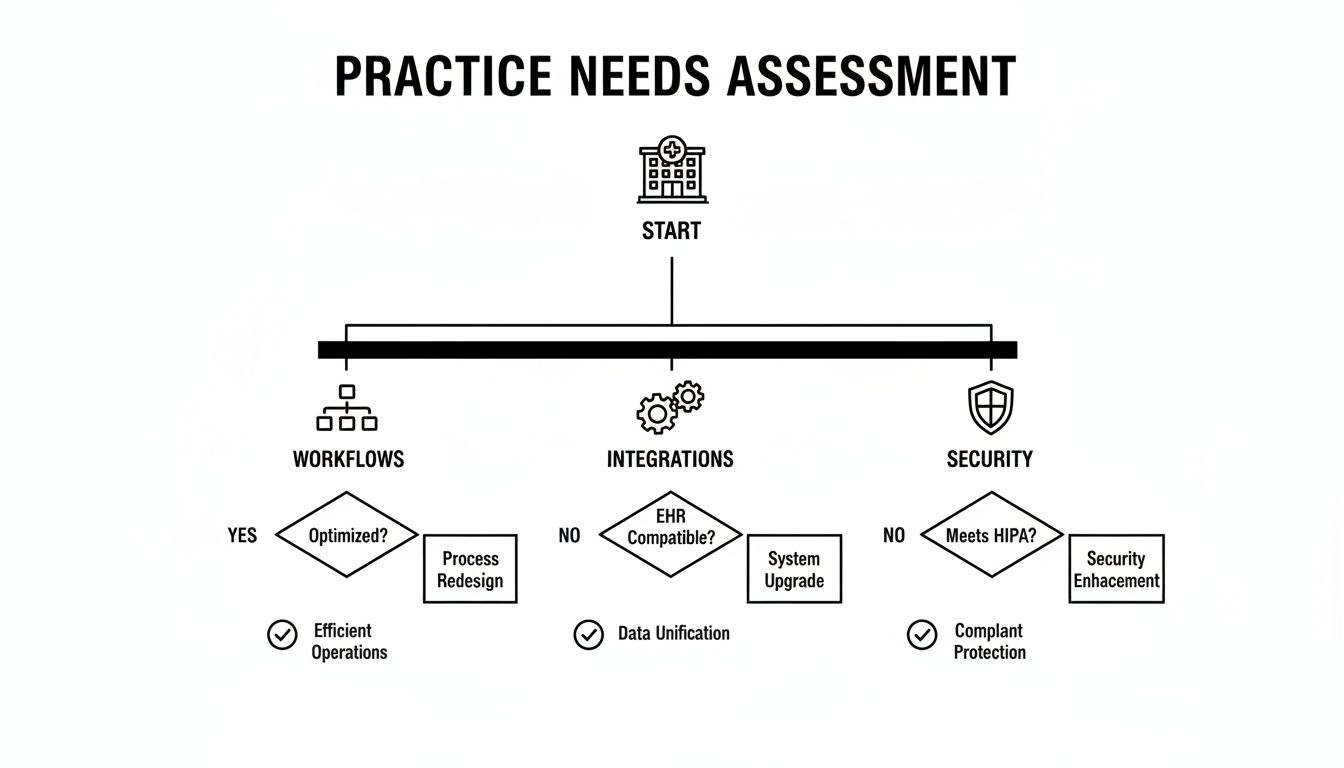 Flowchart for practice needs assessment covering workflows, integrations, and security compliance.