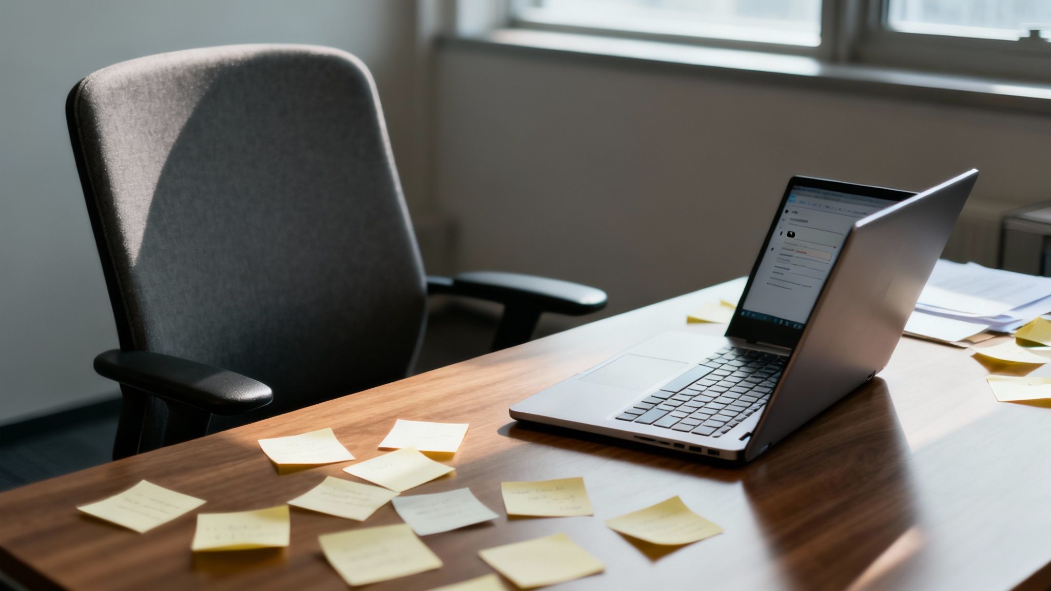 An office desk with a laptop, numerous yellow sticky notes, and papers, next to an office chair, with natural light.