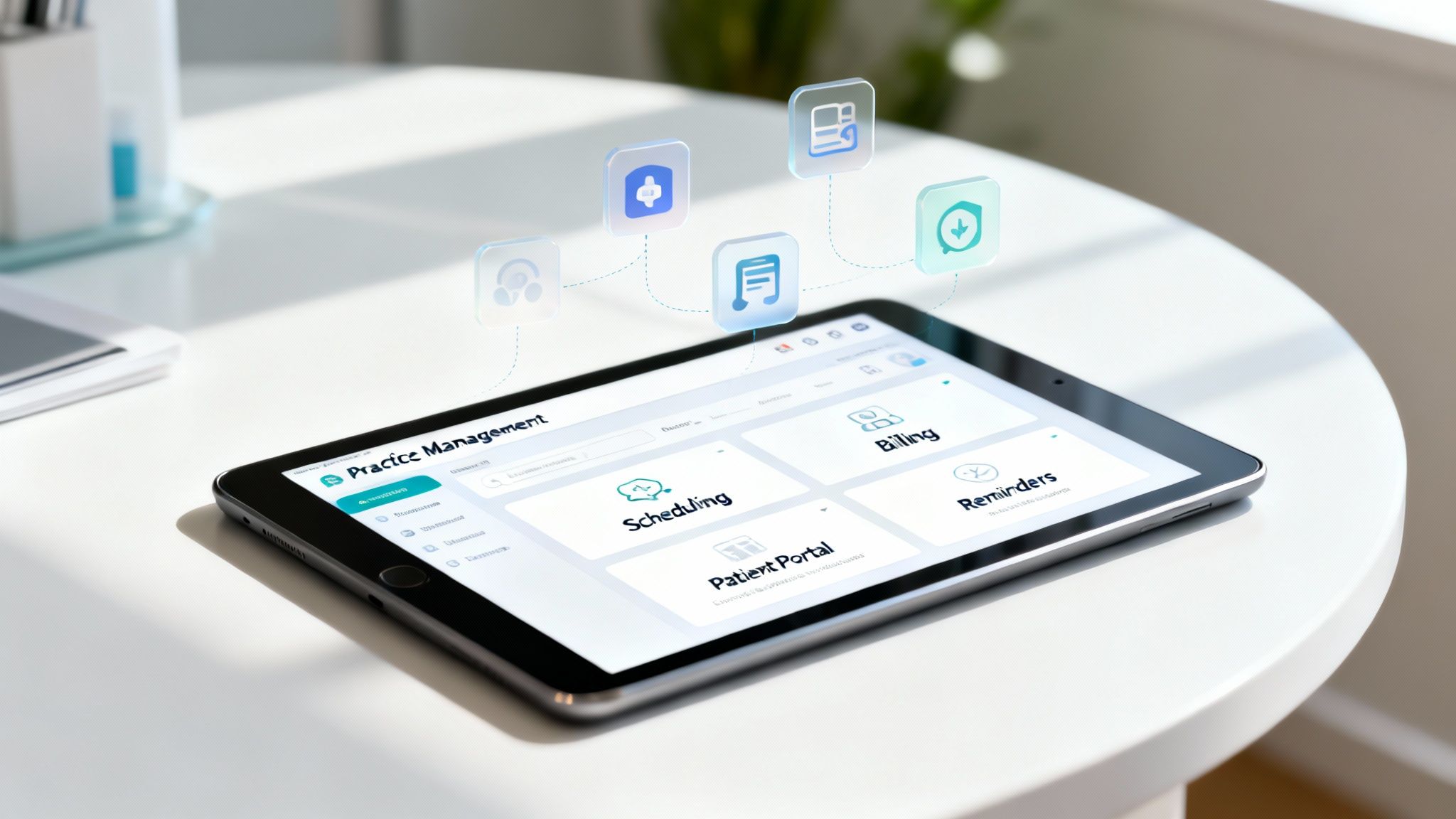 Tablet displaying practice management software with floating feature icons for scheduling, billing, and reminders.