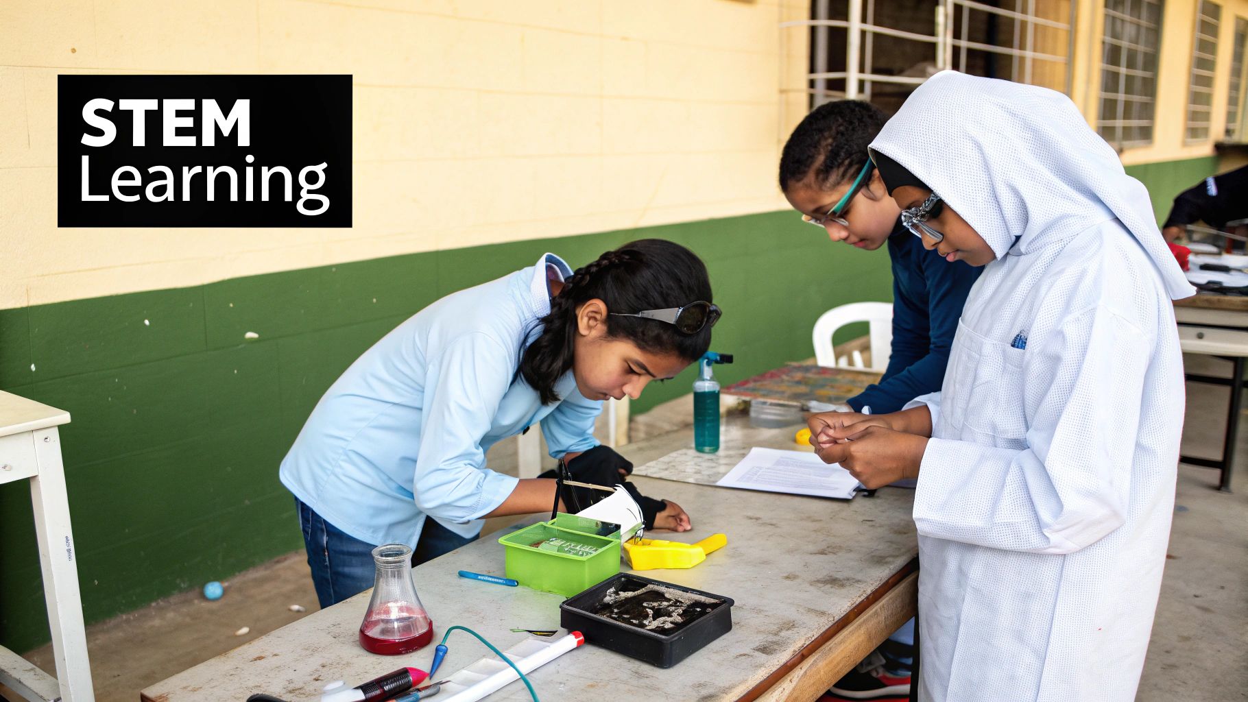A young student works on a robotics project in a classroom setting, illustrating an innovative STEM program.