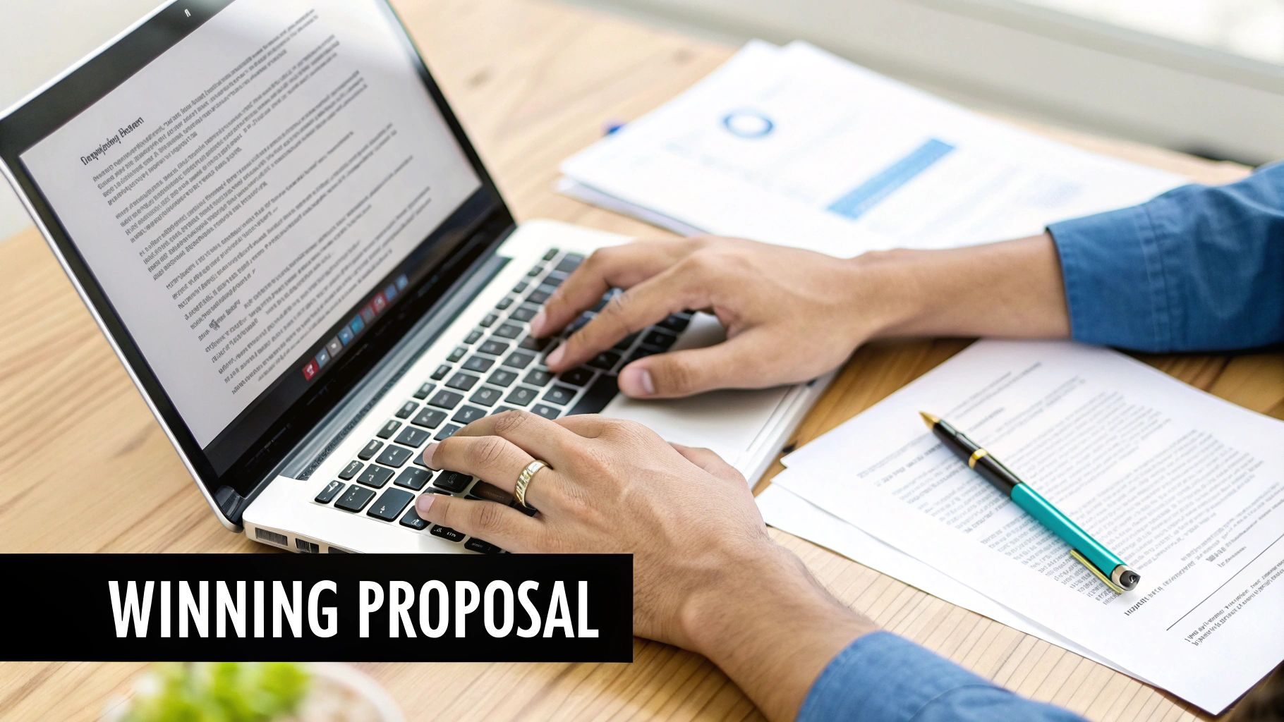 A person writing at a desk with charts and graphs on the wall, representing the process of crafting a research proposal.