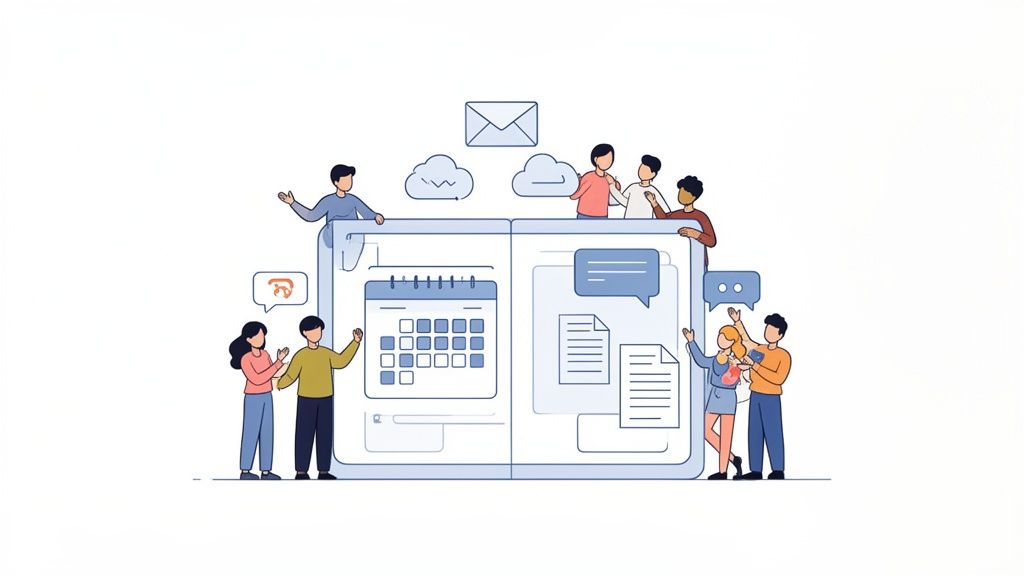 Diverse people collaboratively interacting with a large digital interface showing calendar, documents, and chat icons.