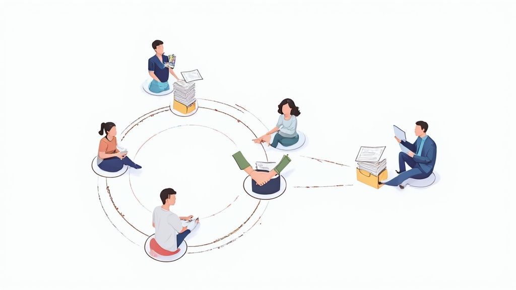 Two people shaking hands across a desk, symbolizing a strong vendor relationship.