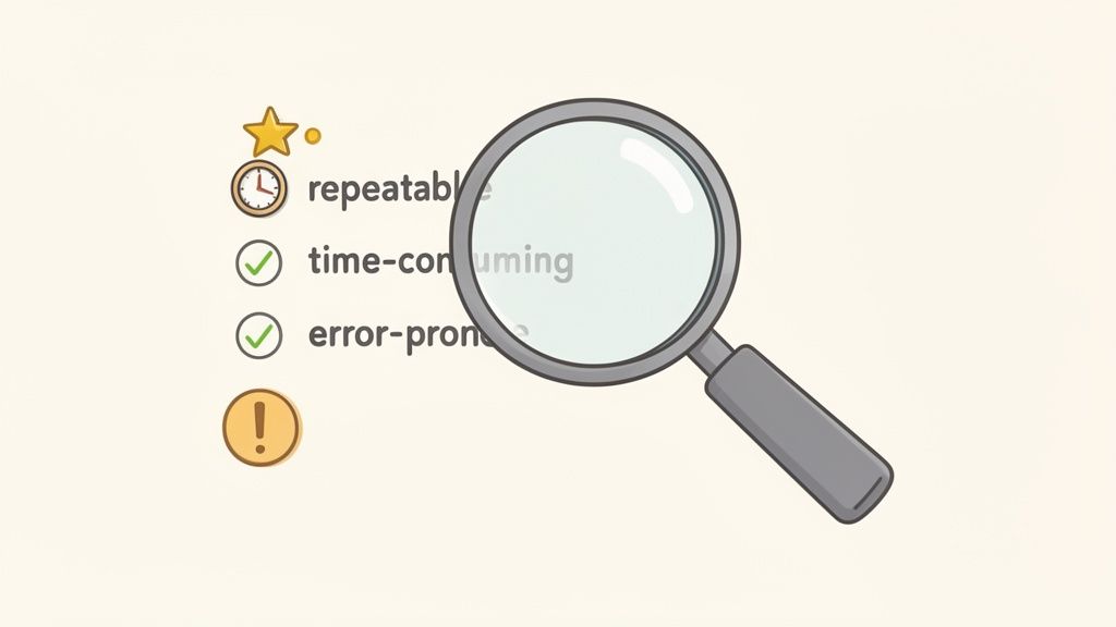 A magnifying glass examining a list of tasks: repeatable, time-consuming, and error-prone, with icons.