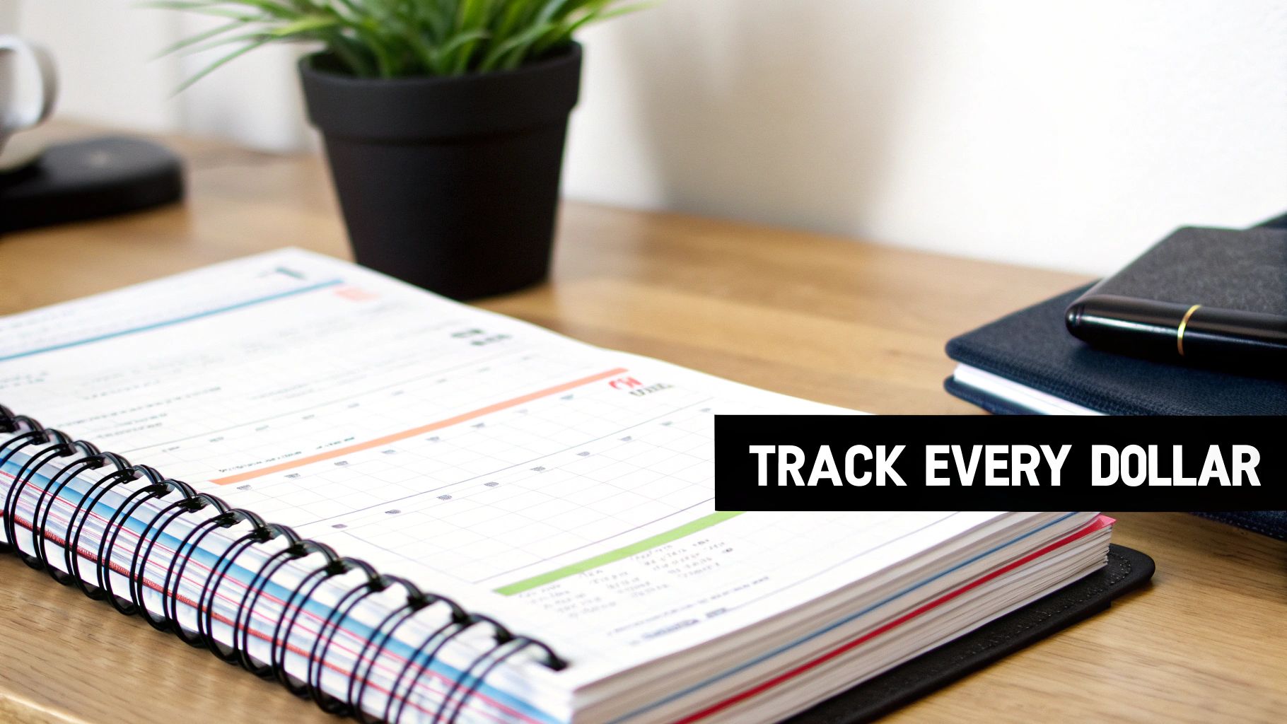 An open spiral-bound planner with a budget layout on a wooden desk, overlaid with 'TRACK EVERY DOLLAR'.