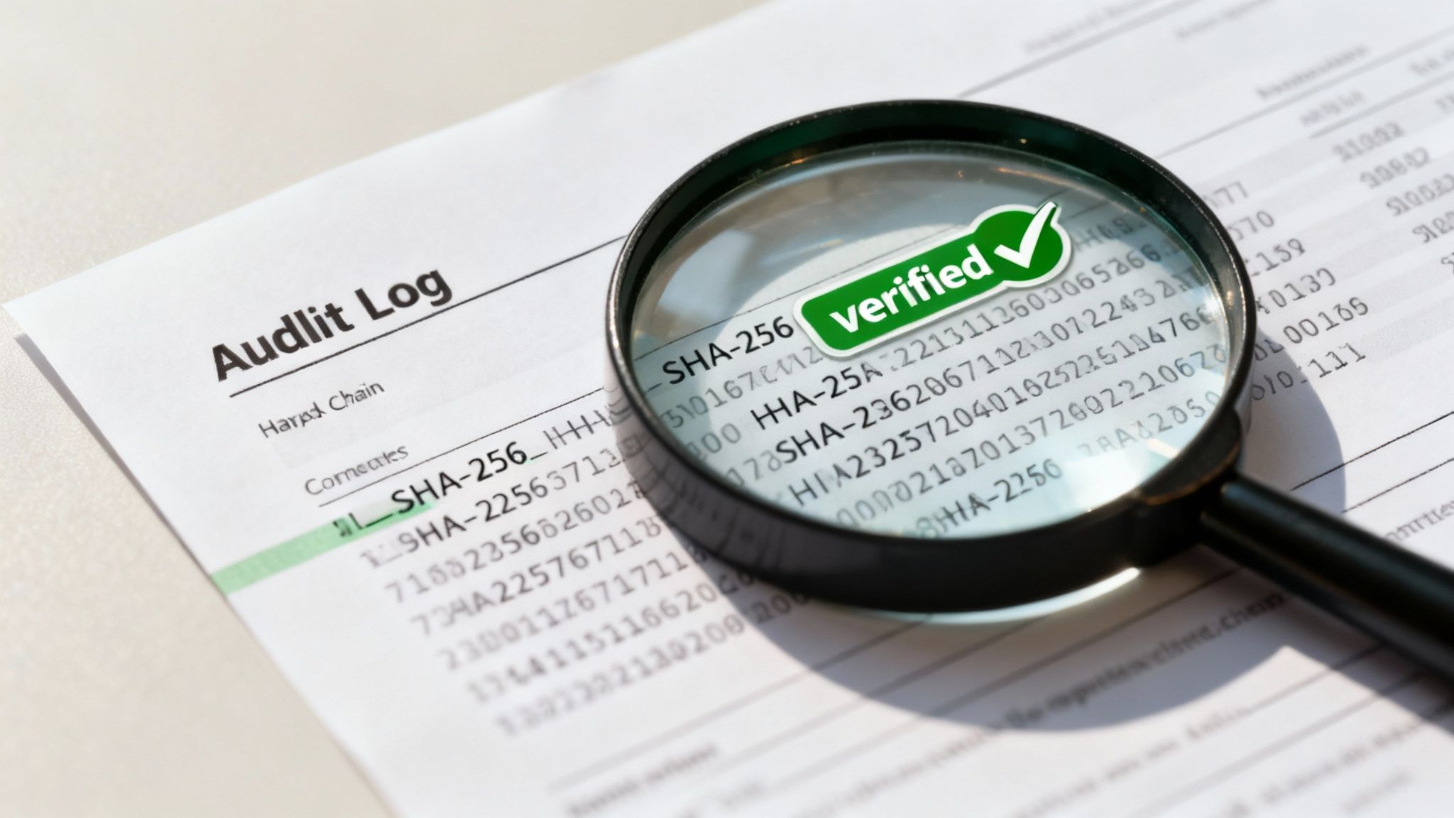 A magnifying glass highlights 'verified' and 'SHA-256' on an audit log document.