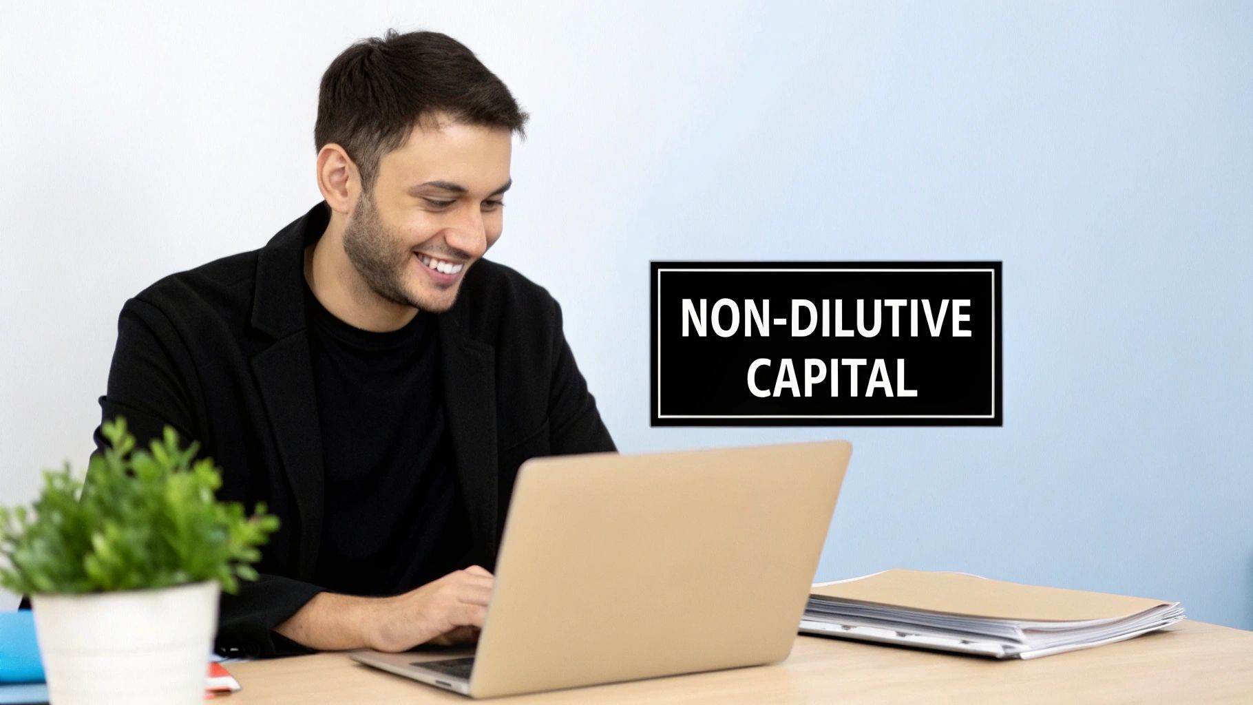 A smiling man in a black jacket works on a laptop with 'NON-DILUTIVE CAPITAL' text on the wall.