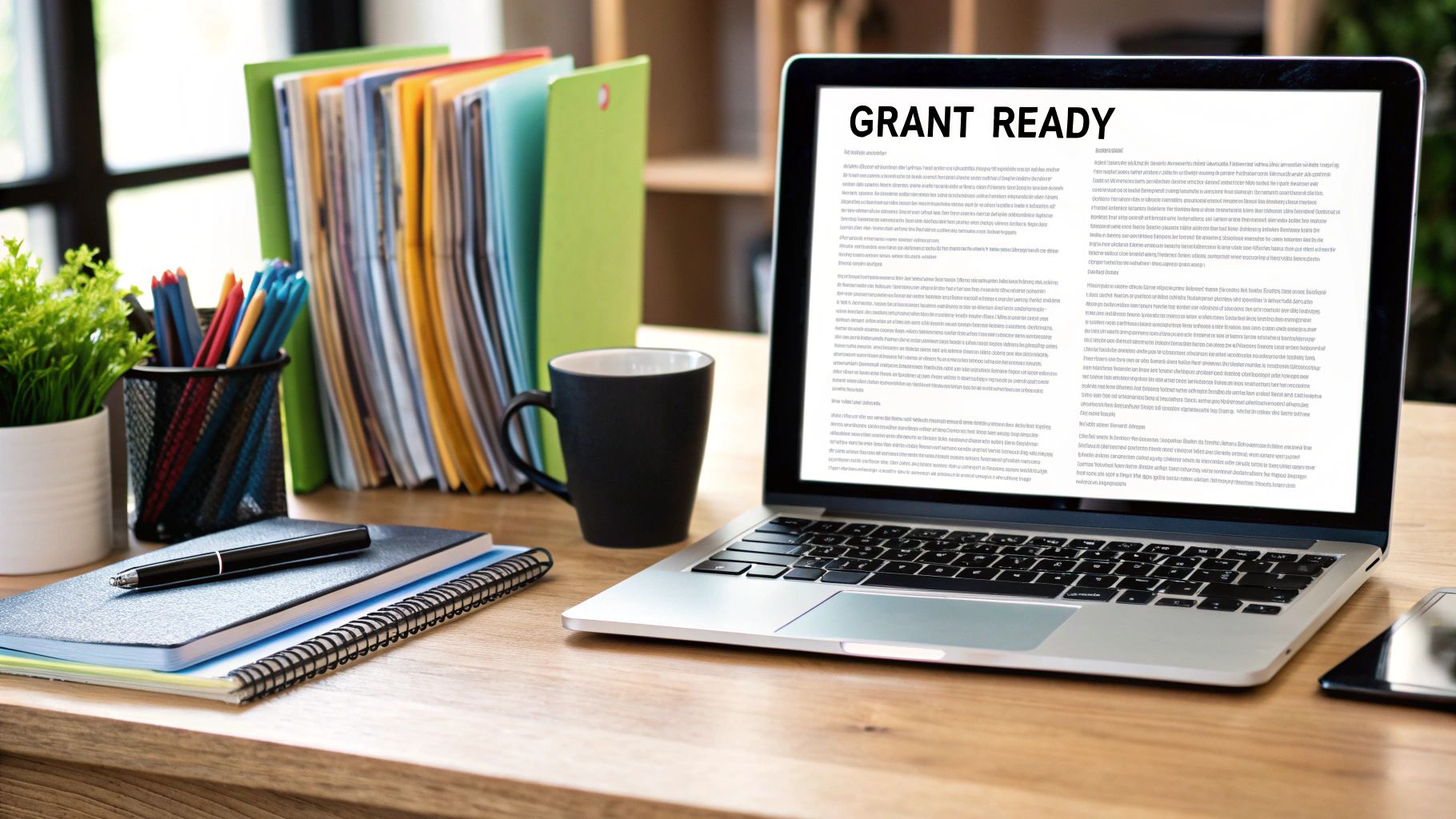 A person at a desk organizing documents and planning a project, symbolizing grant readiness.