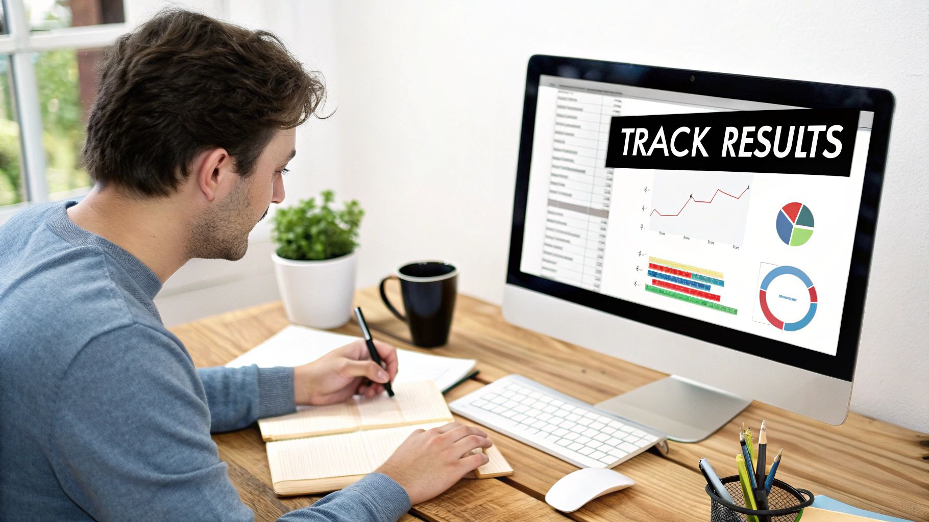 Man tracking results and analyzing data on a computer while writing notes at a desk.