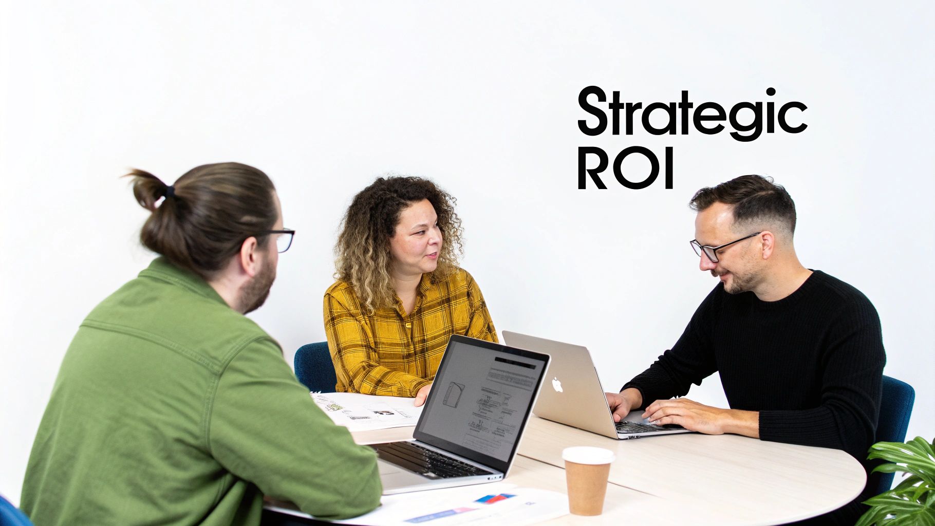 Three colleagues collaborate at a table with laptops and papers, discussing strategic ROI.
