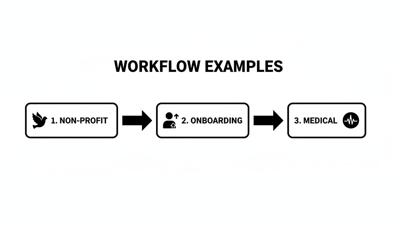 A flowchart illustrates three workflow examples: Non-Profit, Onboarding, and Medical, connected by arrows.