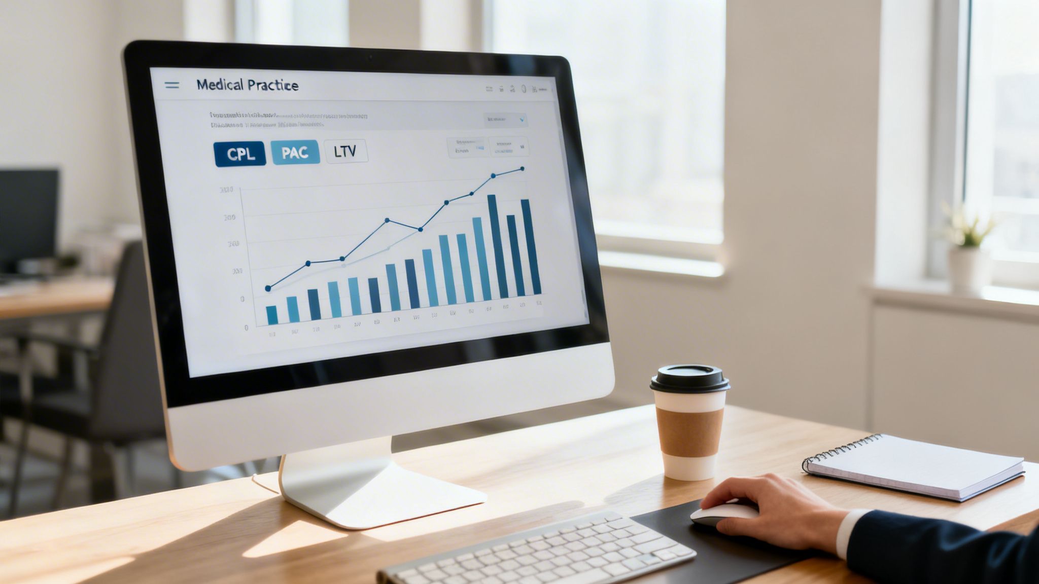 A person's hand uses a mouse next to a monitor displaying a 'Medical Practice' dashboard with charts.