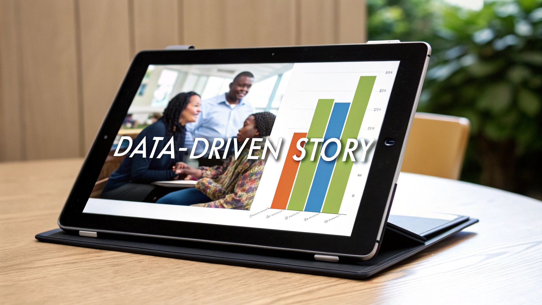 A tablet displays 'Data-Driven Story' text over people discussing next to a bar chart.