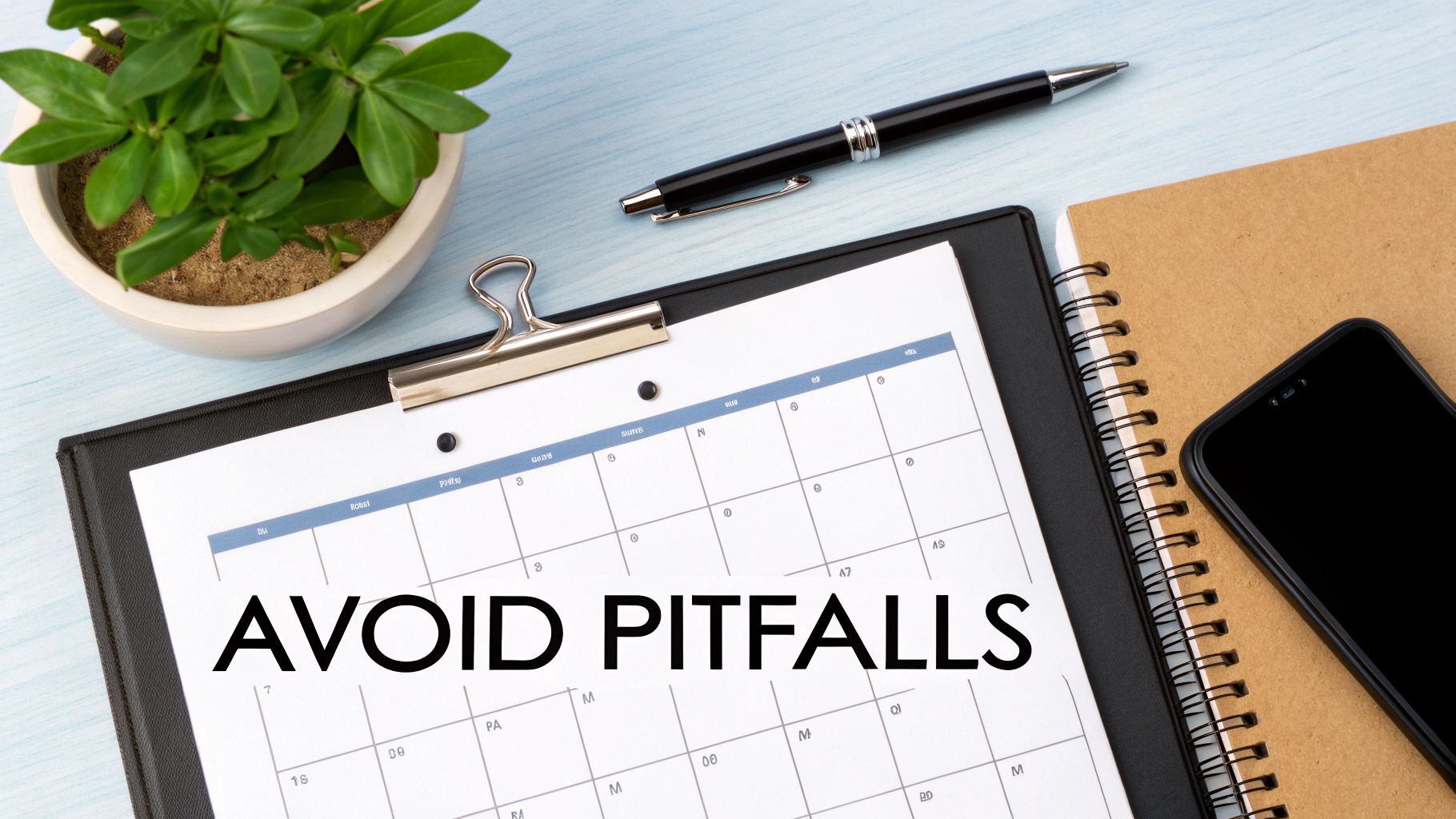 A desk flat lay with a calendar displaying 'AVOID PITFALLS', potted plant, pen, notebook, and smartphone.