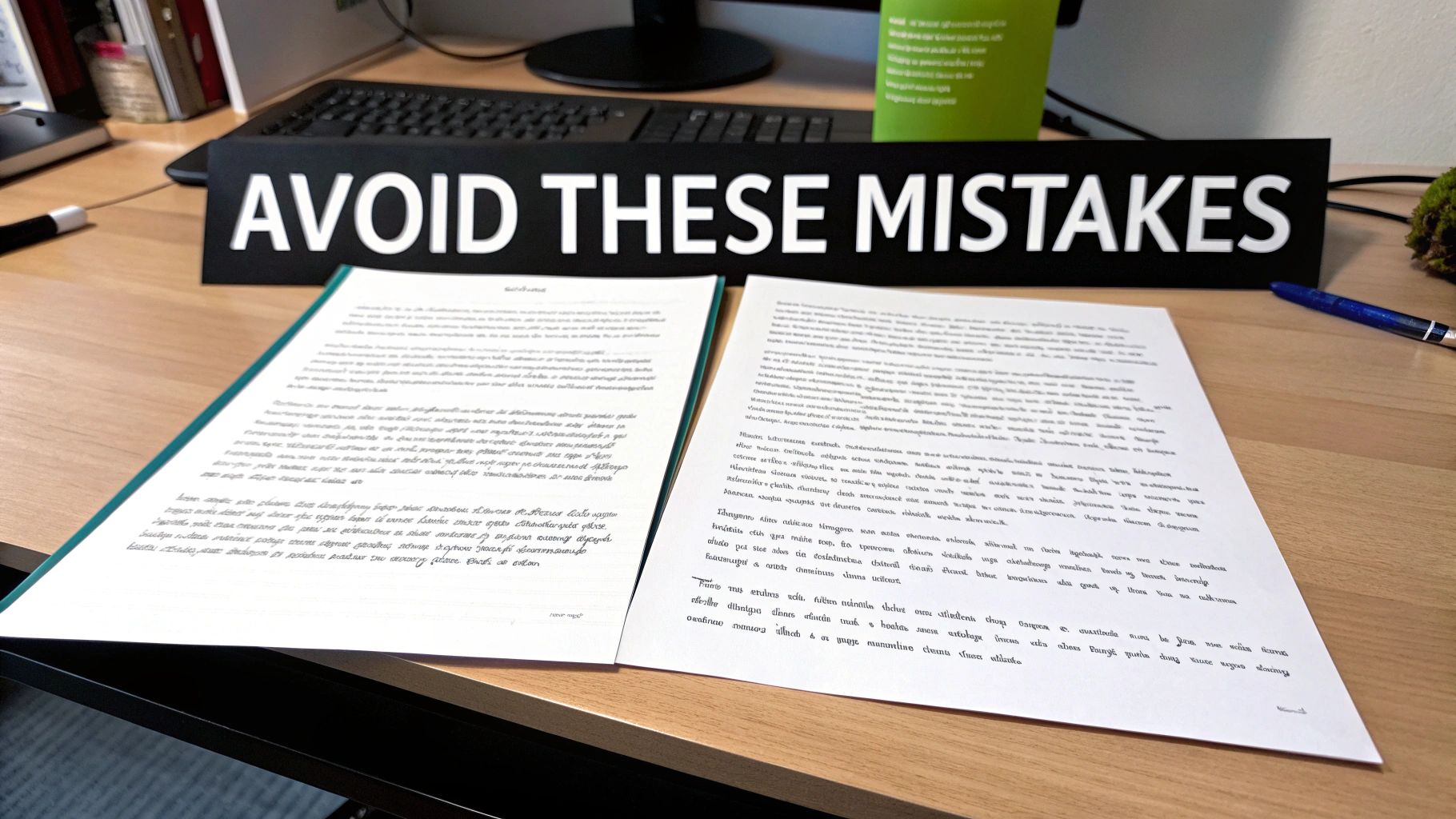 A desk with a 'AVOID THESE MISTAKES' sign, two handwritten papers, a keyboard, and a pen.