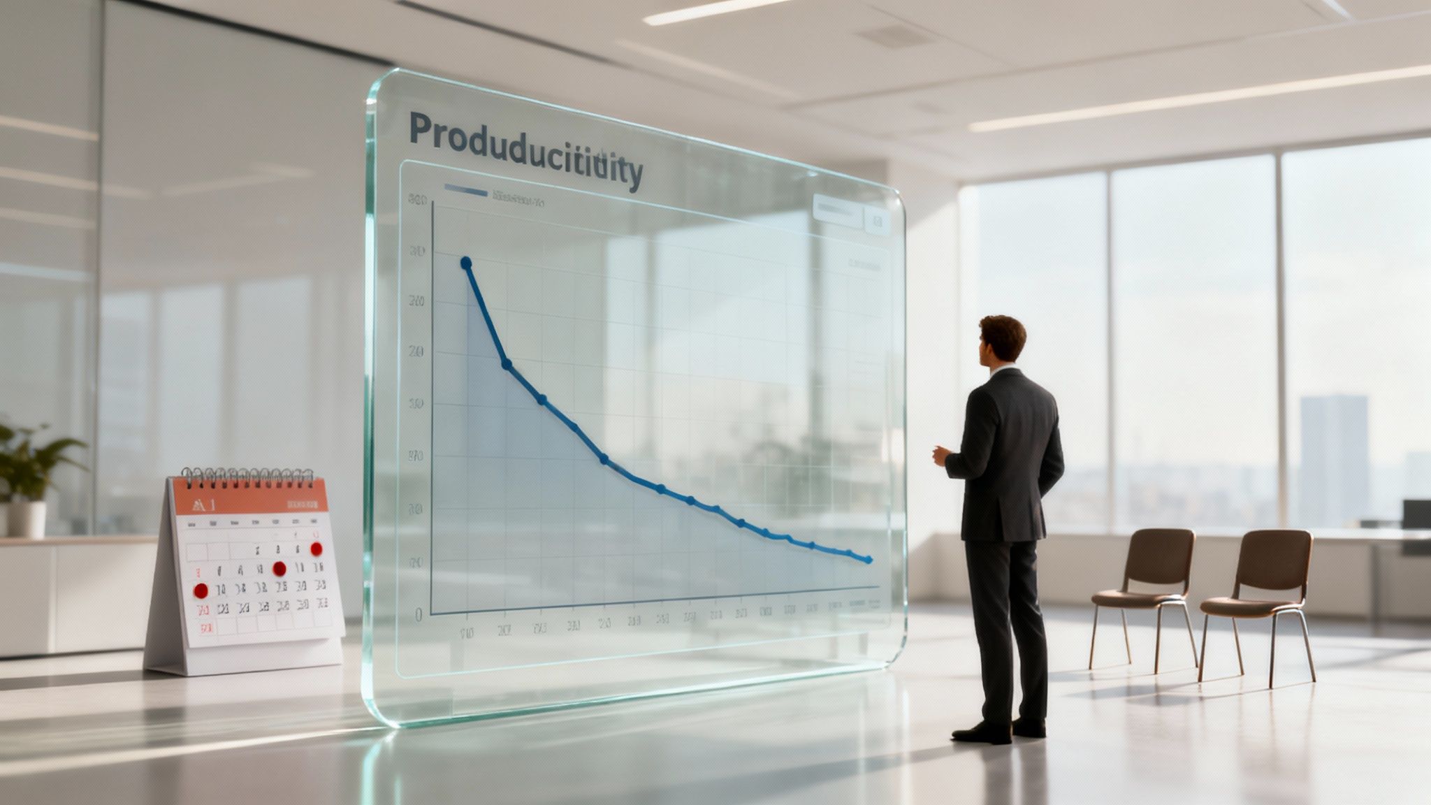 A businessman observes a transparent screen displaying a sharp decline in productivity in a modern office.