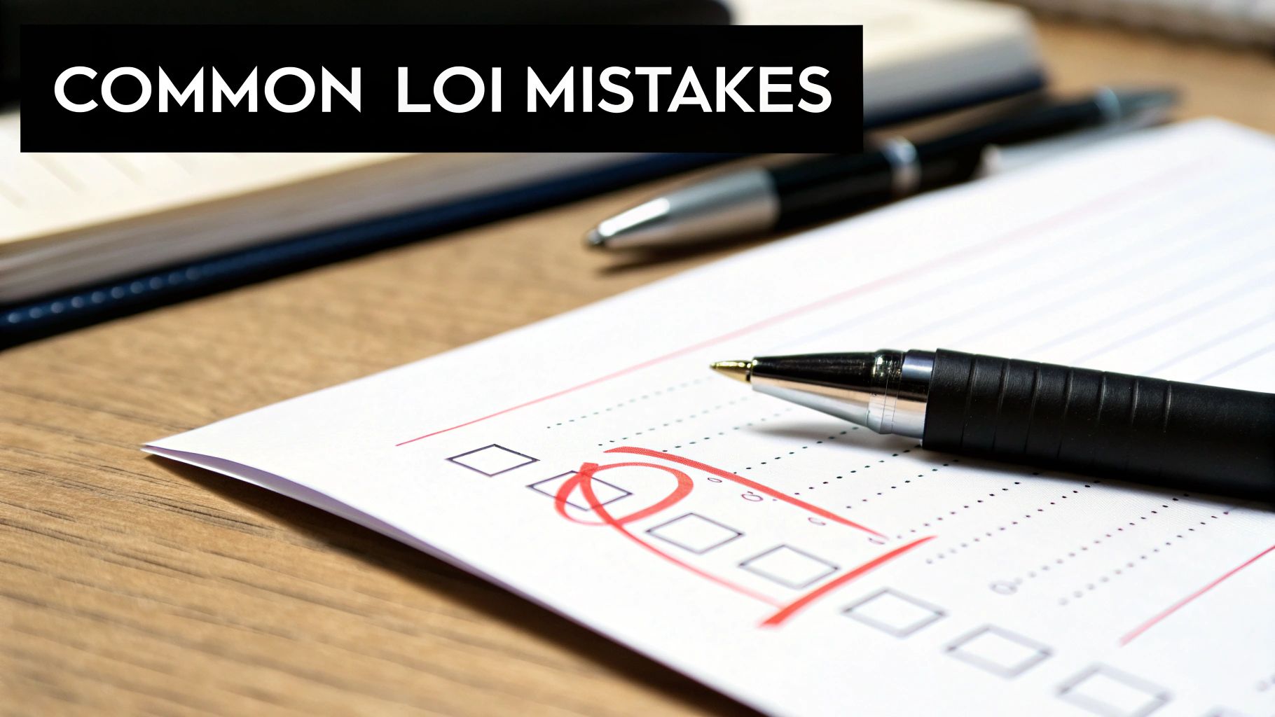 A pen rests on a checklist with a red circled box, illustrating common Letter of Intent mistakes.