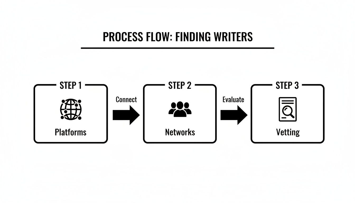 A process flow diagram illustrating three steps for finding writers: platforms, networks, and vetting.