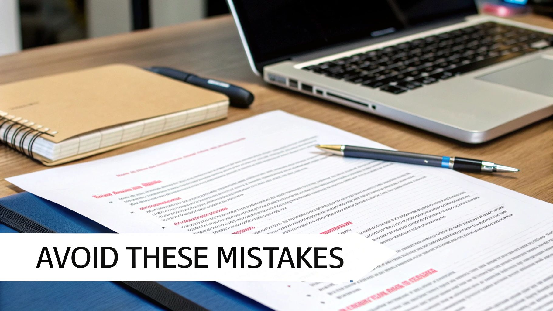 Desk with laptop, notebook, pen, and papers showing editing corrections, highlighted by 'AVOID THESE MISTAKES'.