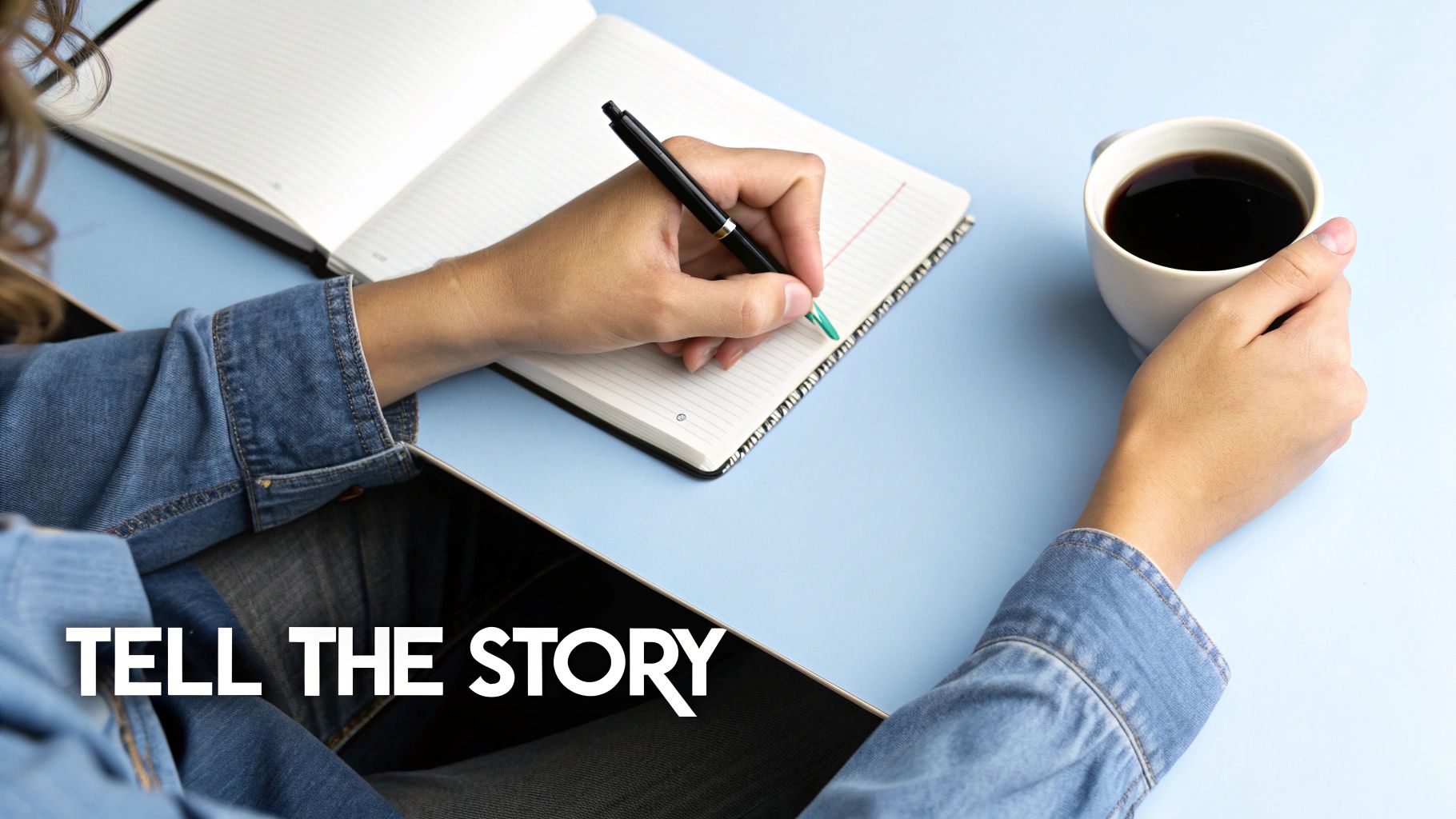 A person writing in a notebook, focused on crafting a story