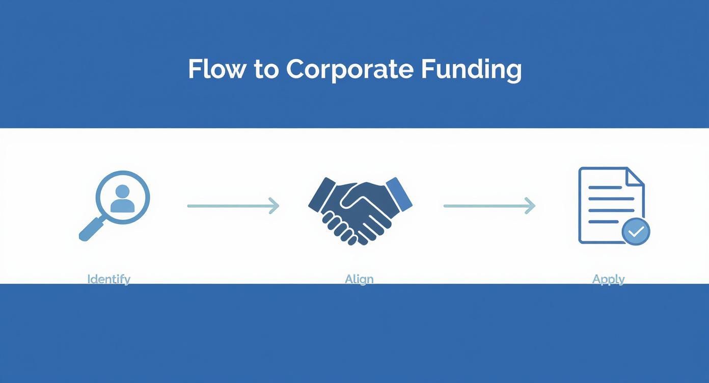 Infographic showing a three-step process for corporate funding Identify, Align, and Apply, with icons for each step.