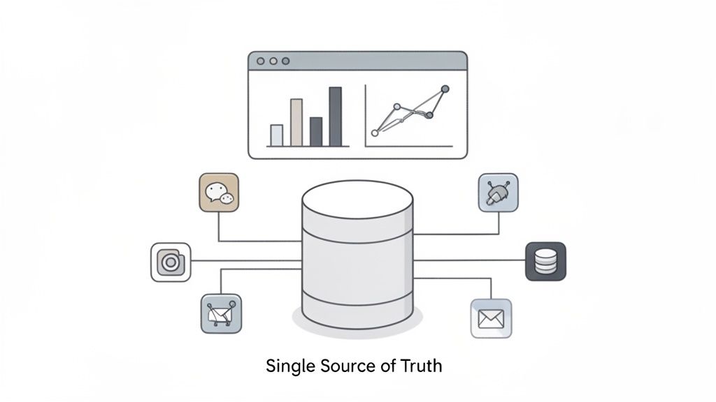 Illustration of various data inputs converging into a single central data repository for analysis.