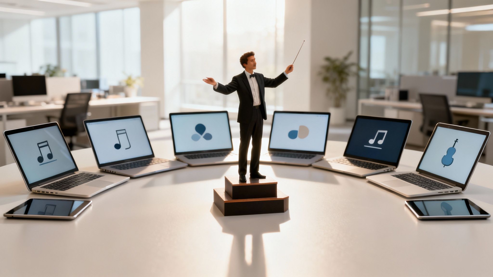 A miniature conductor figure orchestrates laptops displaying musical notes and data in an office setting.