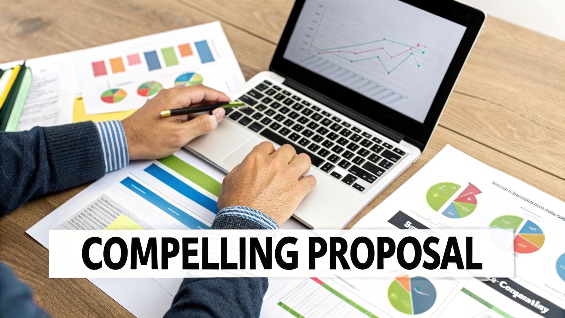 A person reviews financial charts and graphs on a laptop and documents, with text 'COMPELLING PROPOSAL'.