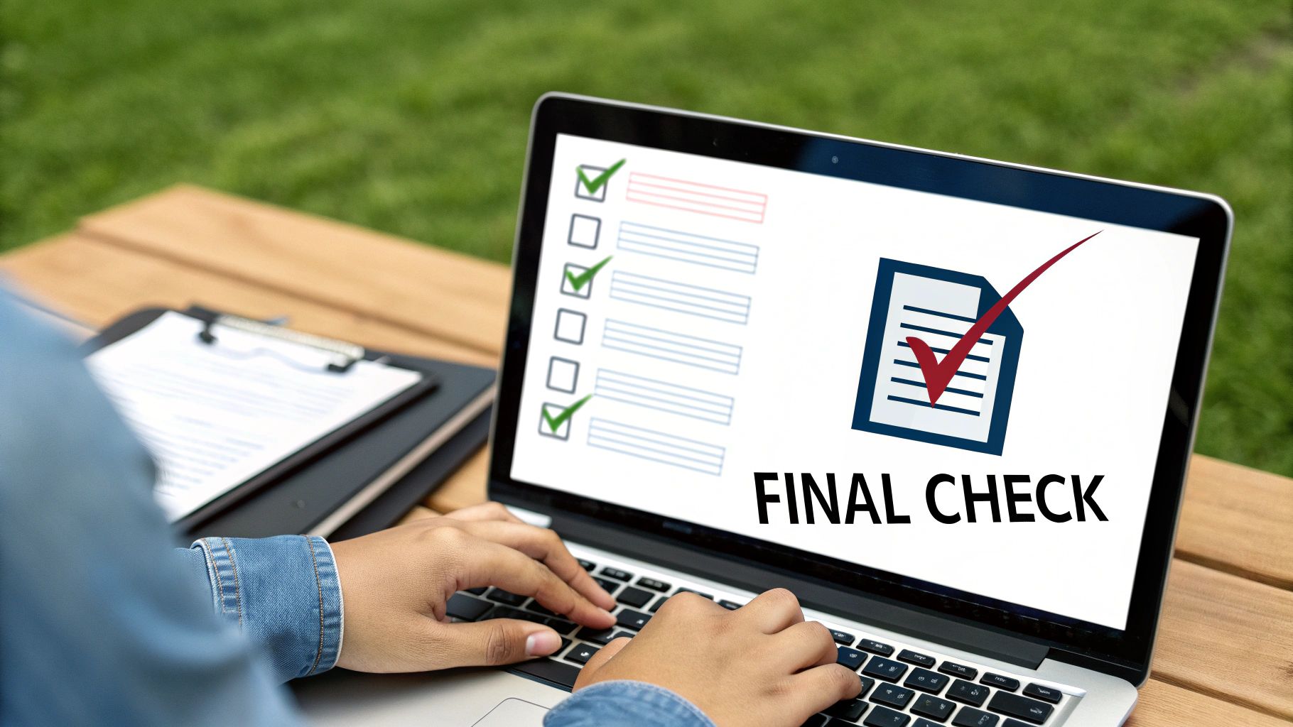 Hands typing on a laptop outdoors displaying a 'FINAL CHECK' screen with a checklist.