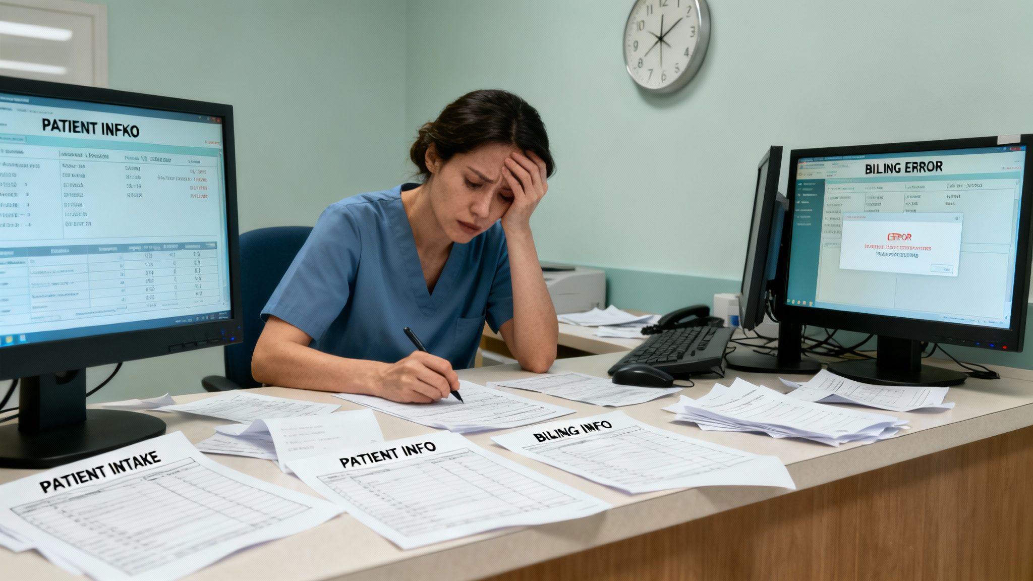 Stressed healthcare administrator overwhelmed by patient records and billing errors on computer screens.