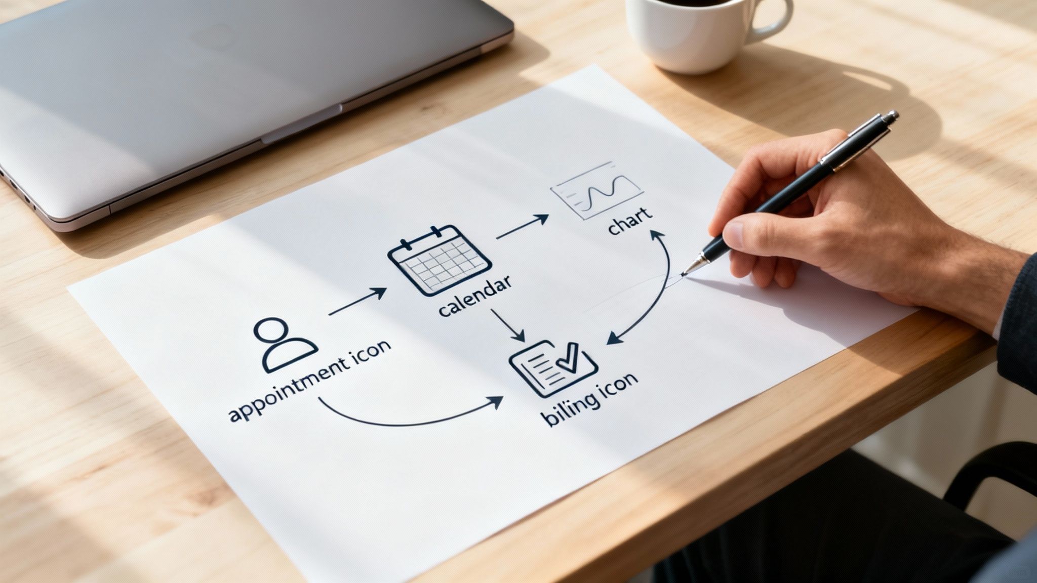 A hand draws a workflow diagram on paper, connecting appointment, calendar, billing, and chart icons. Laptop and coffee are nearby.