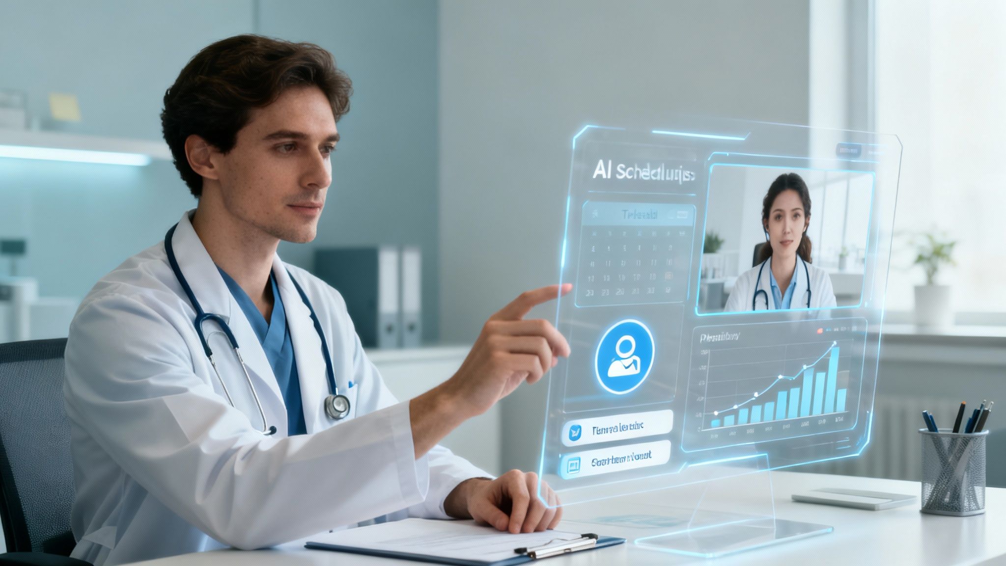 A male doctor in a white coat interacts with a holographic screen showing AI scheduling and a video call.