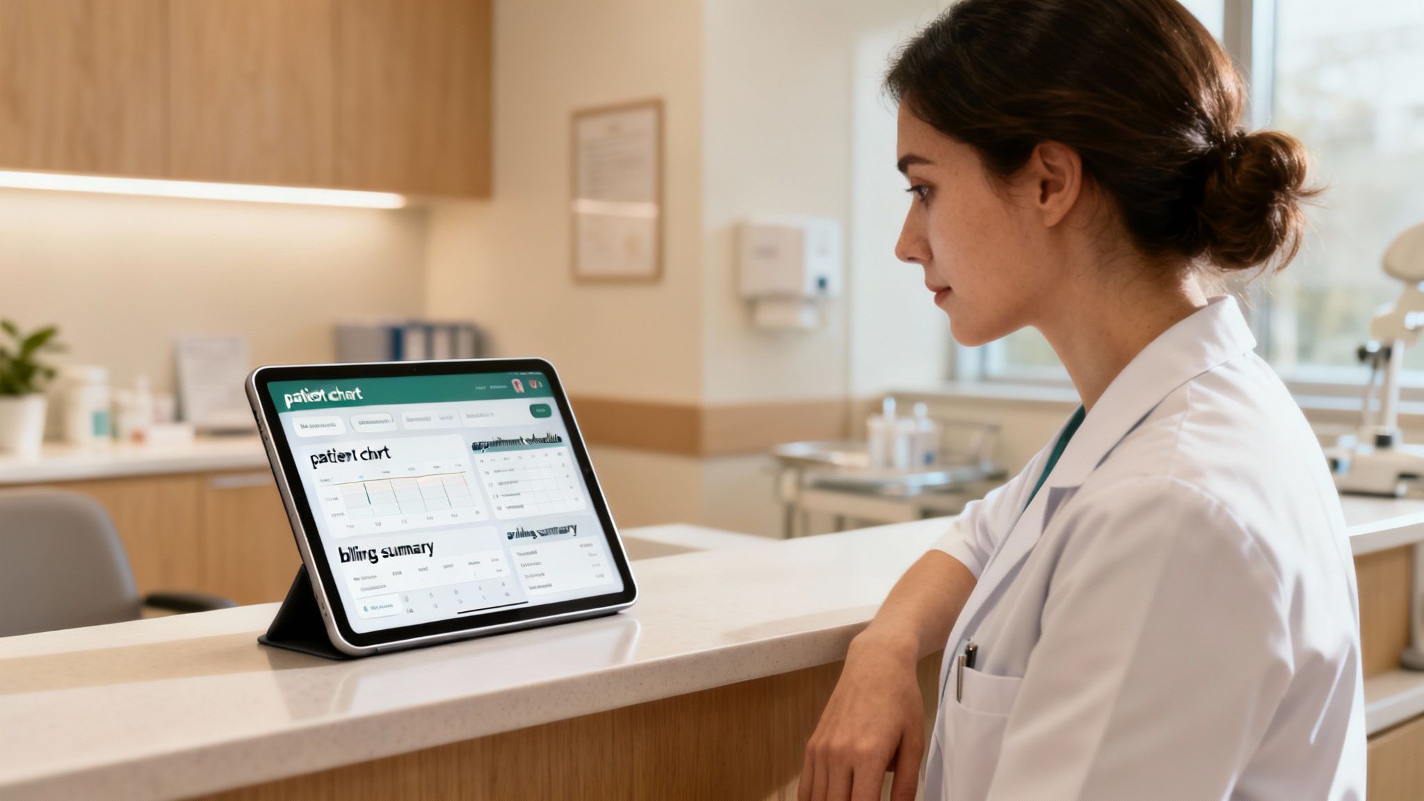 A doctor reviews patient charts and billing summaries on a tablet in a modern clinic.