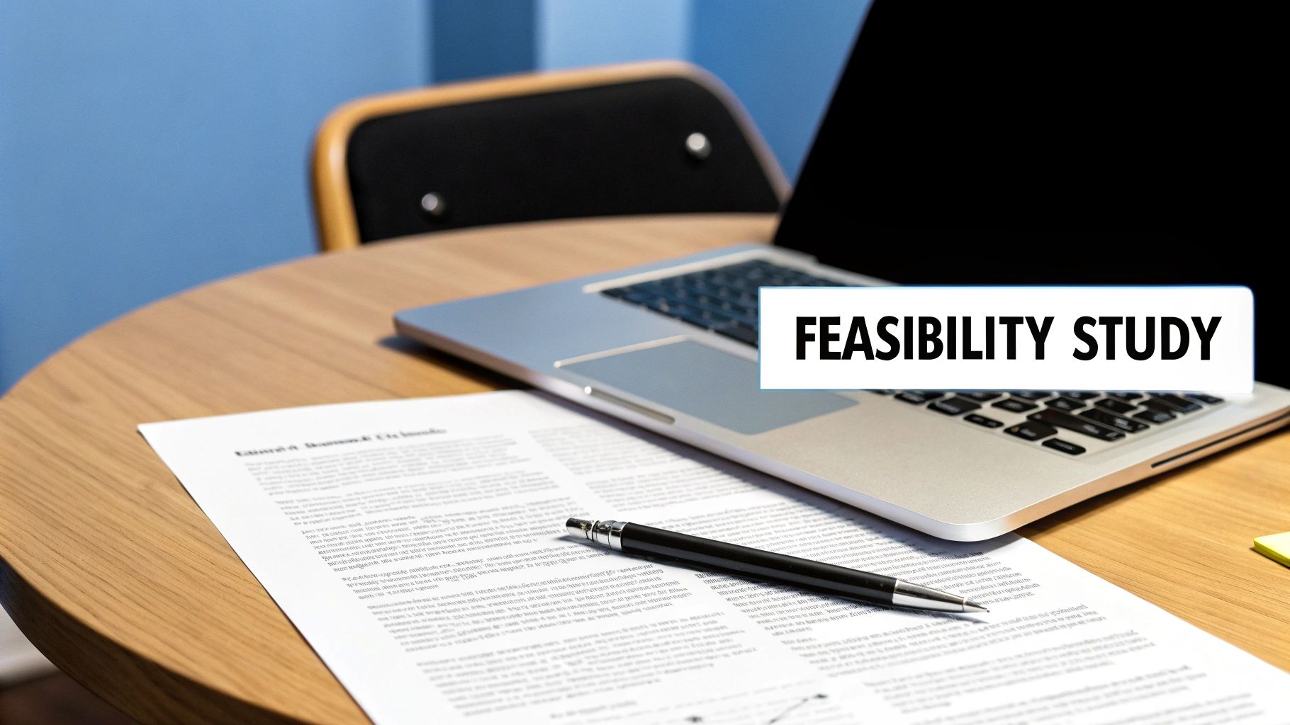 A team of professionals collaborating on a feasibility study, reviewing charts and data on a large screen.