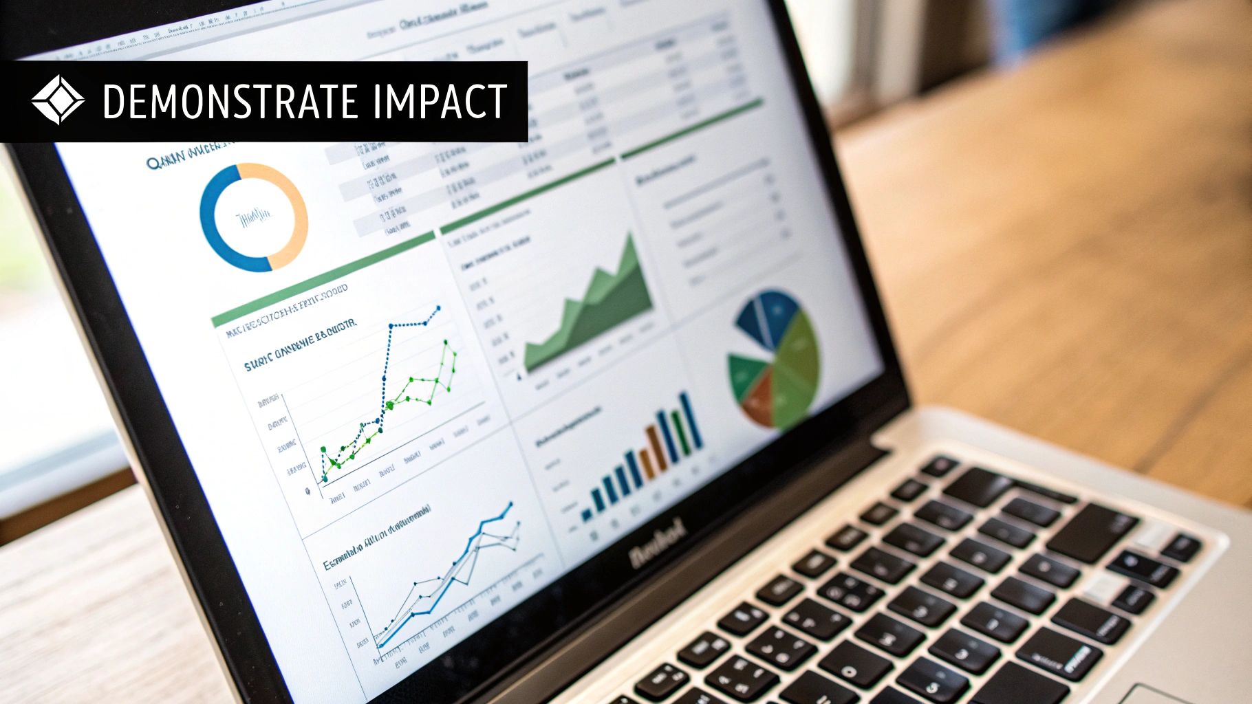 A bar chart and pie chart on a tablet screen, showing positive growth and successful outcomes.