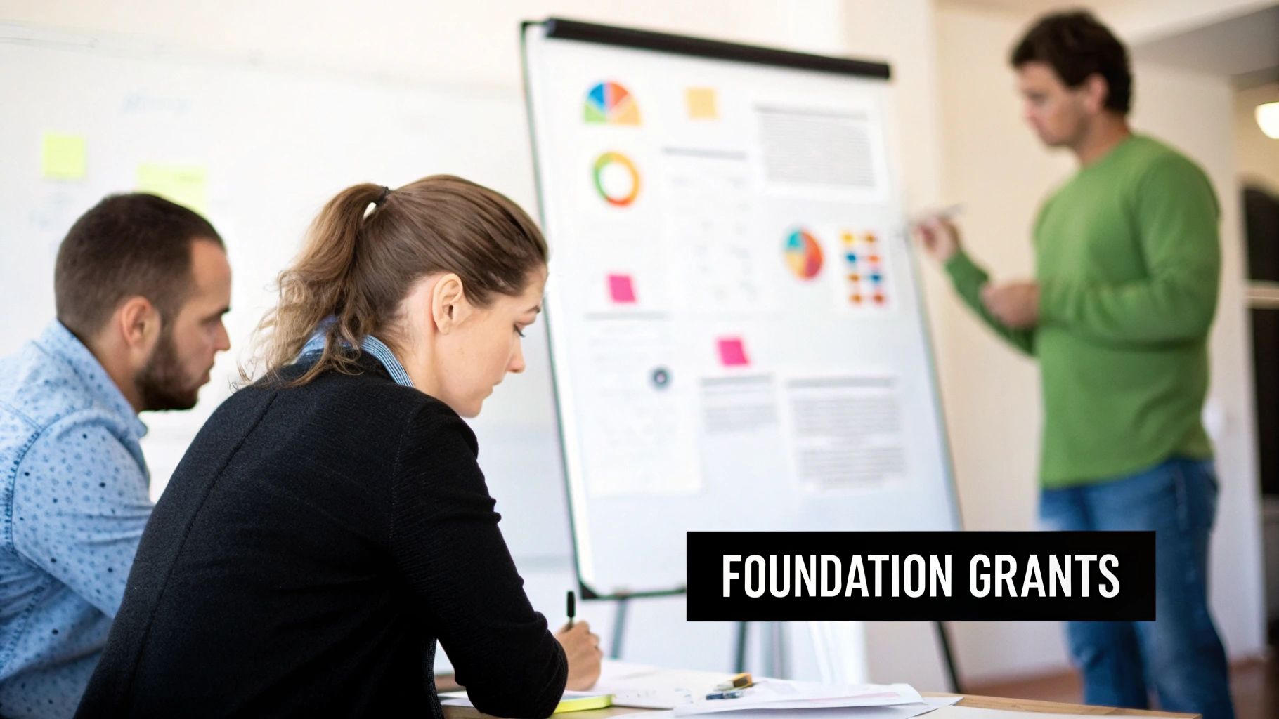 Three people in a business meeting, one presenting charts on a whiteboard, others taking notes about foundation grants.