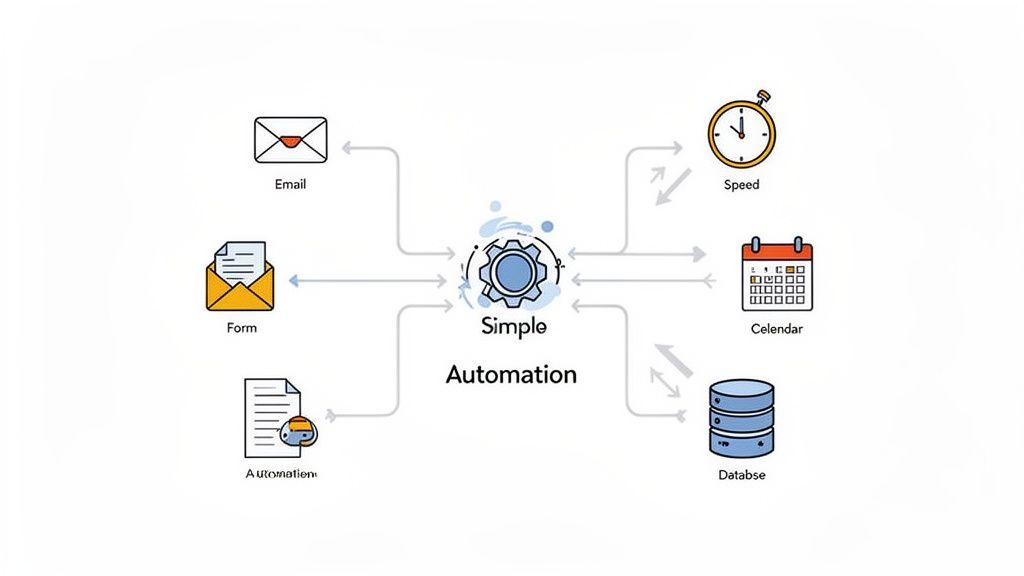 A diagram showing a central 'Simple Automation' gear connecting email, forms, automation tasks, speed, calendar, and database.