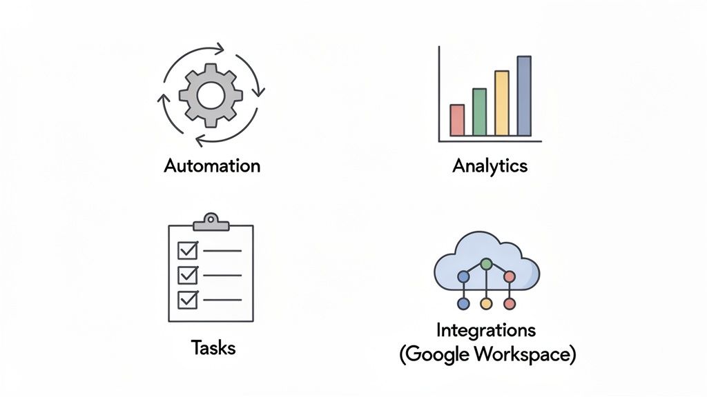 Icons representing automation, analytics, tasks, and Google Workspace integrations for efficient workflow management.