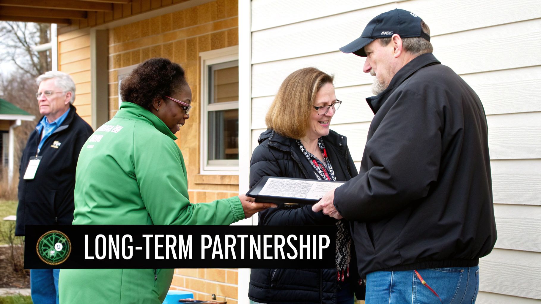 Nonprofit representatives and corporate partners reviewing documents during community housing partnership meeting outdoors