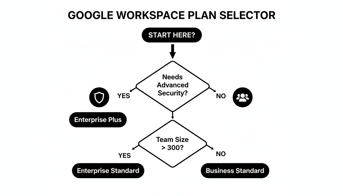 Flowchart for Google Workspace plan selection based on advanced security needs and team size.