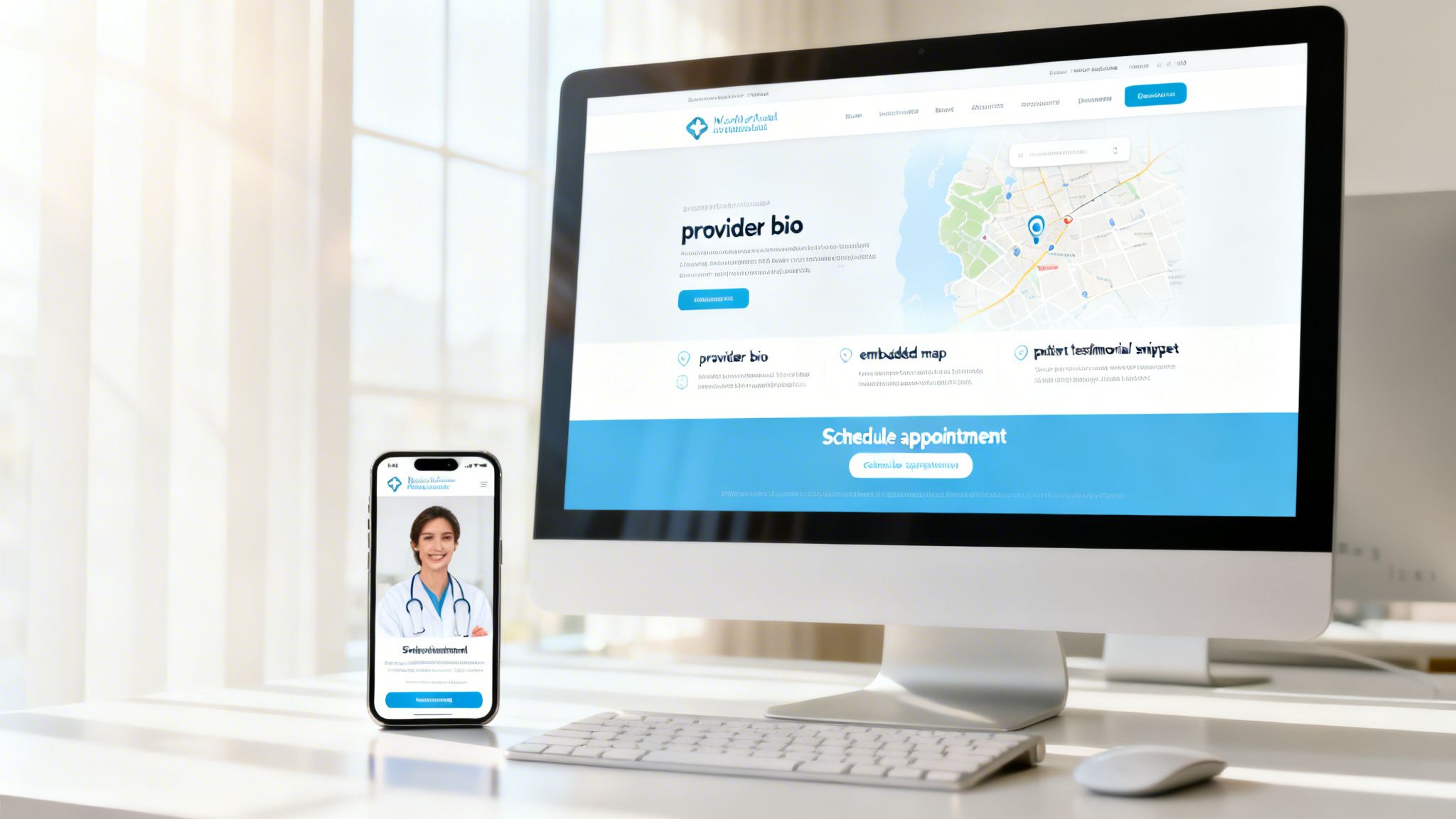 A desktop monitor and smartphone displaying a healthcare website with a doctor's bio, map, and appointment scheduling.