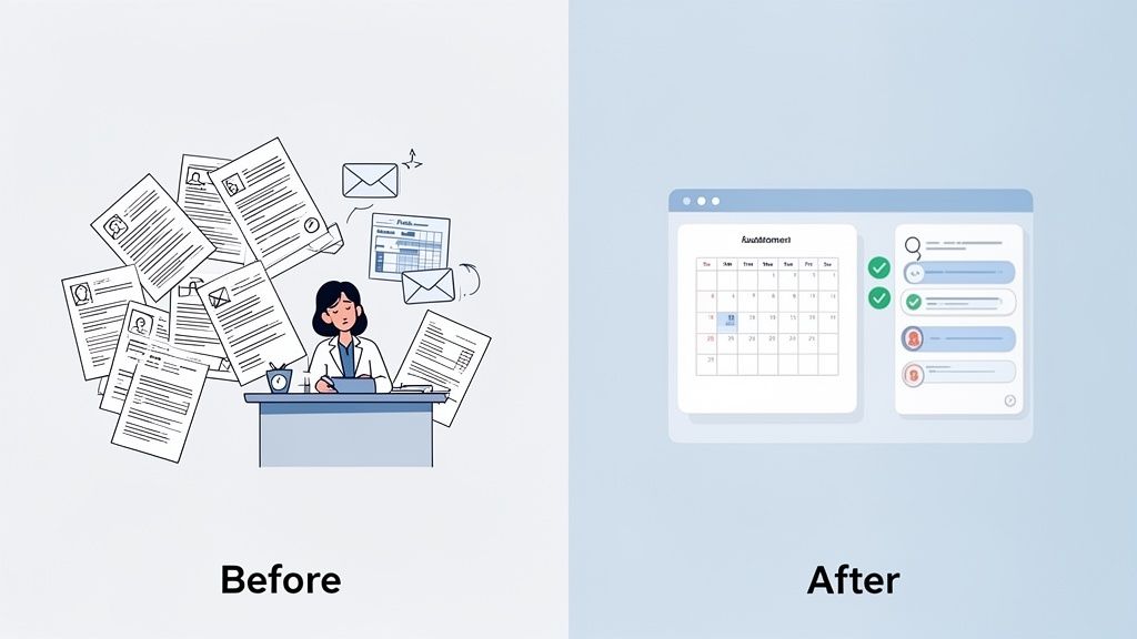 Before: a stressed person buried in documents. After: an organized digital management software.
