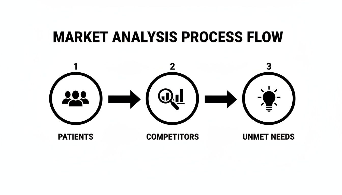 Market analysis process flow diagram illustrating steps from patients, to competitors, to unmet needs.