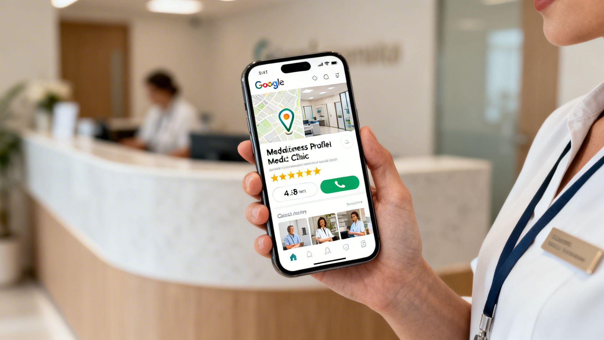 A person holding a smartphone displaying a Google search for a medical clinic in a blurred reception area.