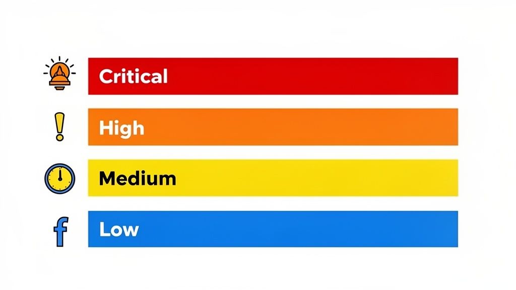 A four-level priority scale: Critical (red lightbulb), High (orange exclamation), Medium (yellow clock), Low (blue Facebook logo).