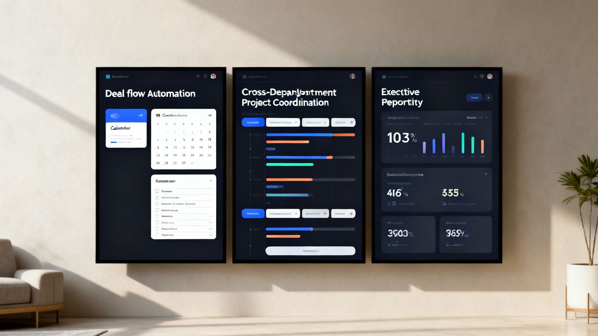 Modern business dashboards visualize deal flow, project coordination, and executive reports on three screens.