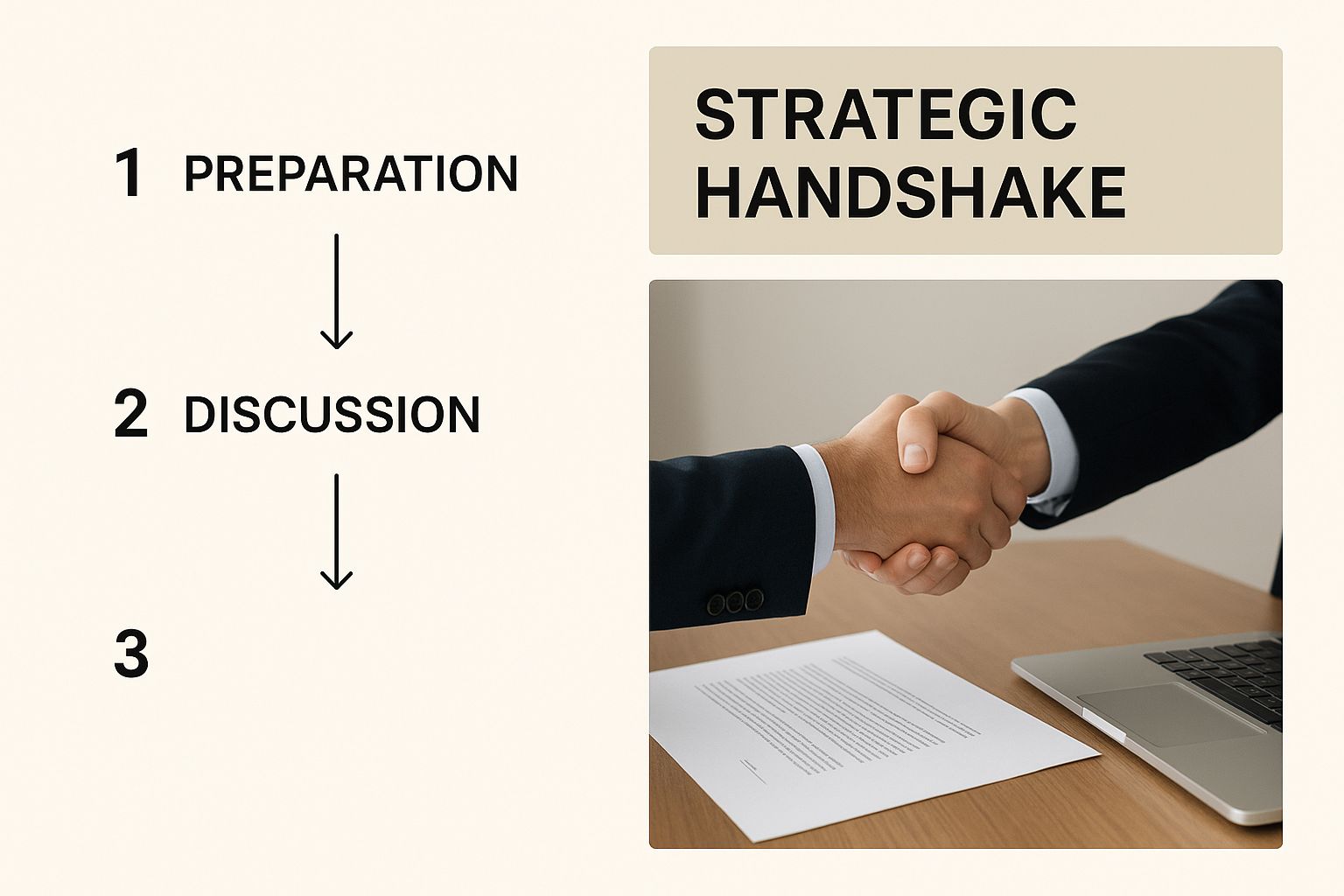An infographic shows a professional handshake over a desk, representing the LOI as a strategic introduction to a funder.