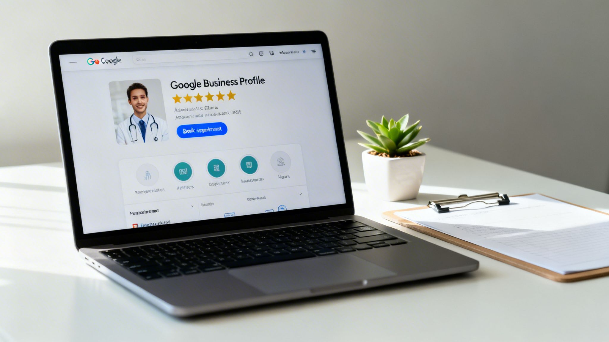 A laptop displays a doctor's Google Business Profile, showing a 5-star rating and a 'Book appointment' button.