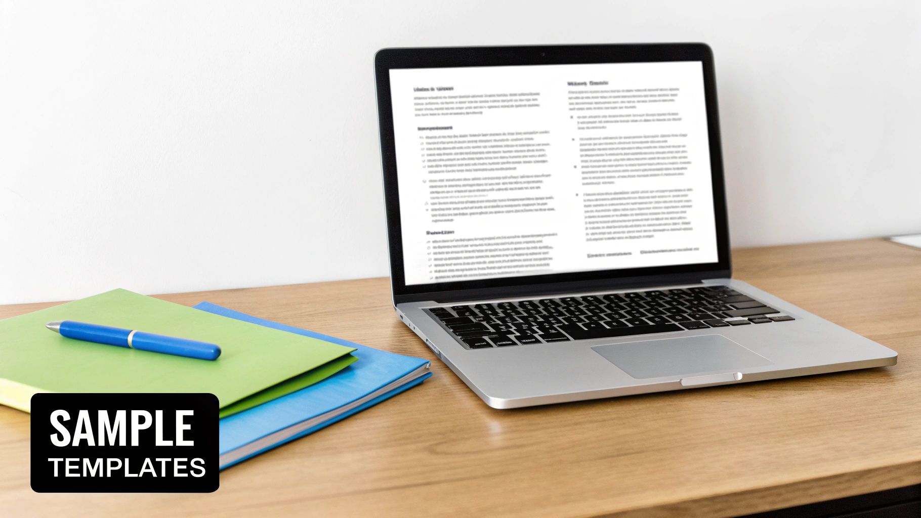 A silver laptop displays a document template with text, next to green and blue folders and a pen.